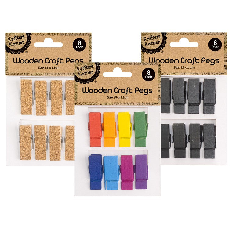 Wooden Craft Pegs, 8pk, 3 Asstd Colours