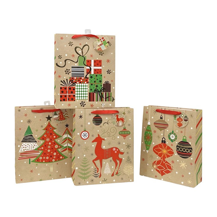 Christmas Brown Paper Gift Bag, Asstd, Medium