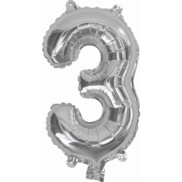 Silver Foil Balloon, 35cm, Number 3