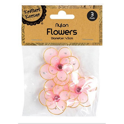 Soft Nylon Flowers, 3pk, 4 Asstd Colours