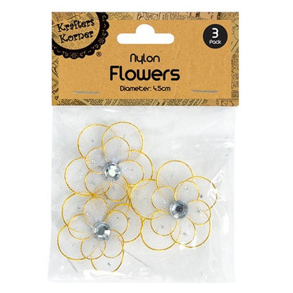 Soft Nylon Flowers, 3pk, 4 Asstd Colours