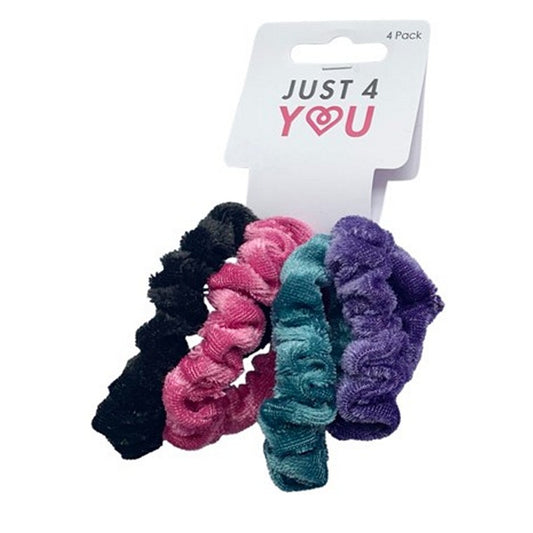 Hair Scrunchie Velvet, 4pk, 3 Asstd Colours