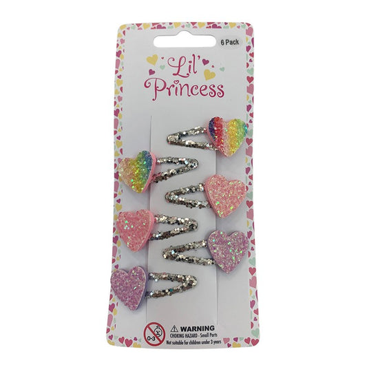 Little Princess Snap Clip, Glitter Hearts, 6pk