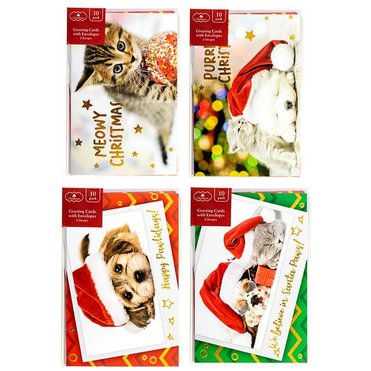 Xmas Cards Textured Foil Cats Dogs, 10pk