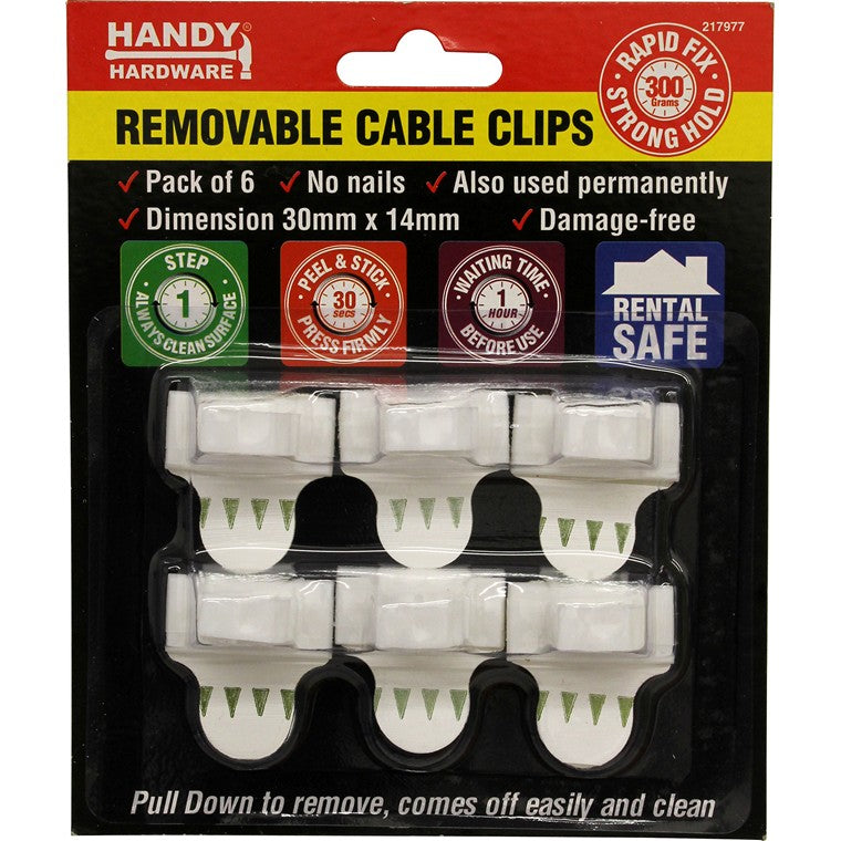 Adhesive Removeable Cable Clip Hook, 6pk, 30 x 14mm