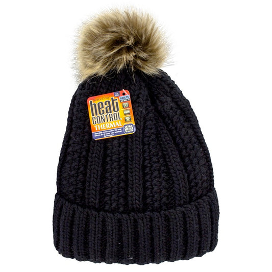 Ladies Heat Control Beanie w/ Pom Pom, Black