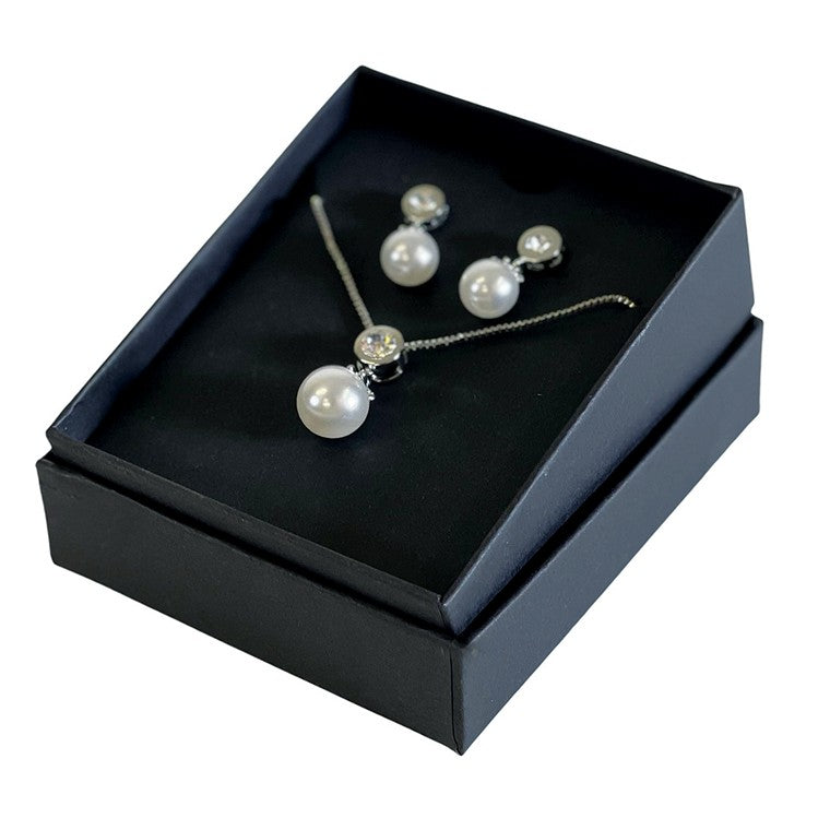 Silver Necklace & Earrings, Silver Pearl Drop Set In Gift Box