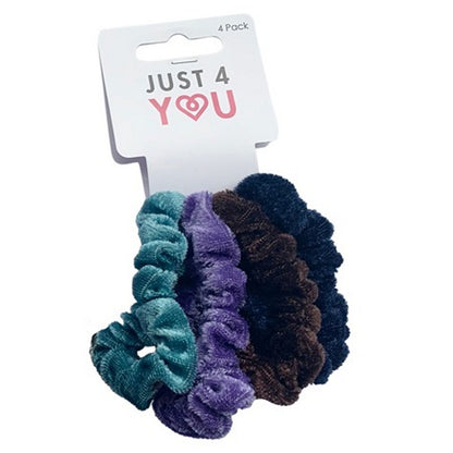 Hair Scrunchie Velvet, 4pk, 3 Asstd Colours