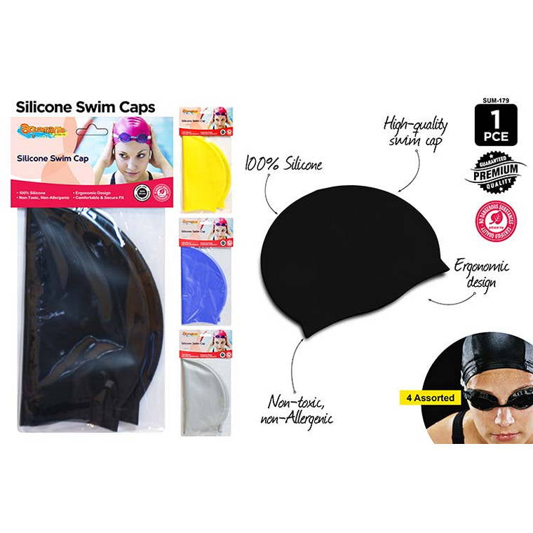 Silicone Swim Cap, 4 Asstd Colours