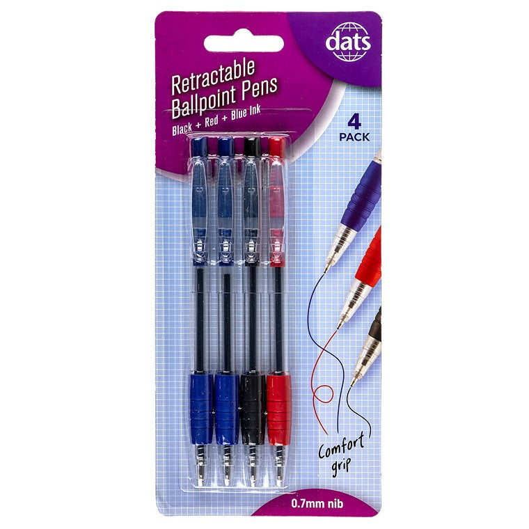 Pen Ballpoint Retractable Mixed 4pk