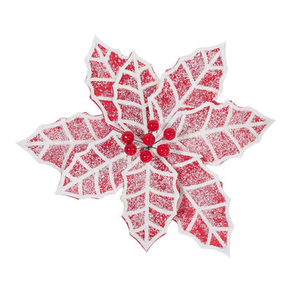 Poinsettia Frosted Holly Clip, 28cm, Asstd