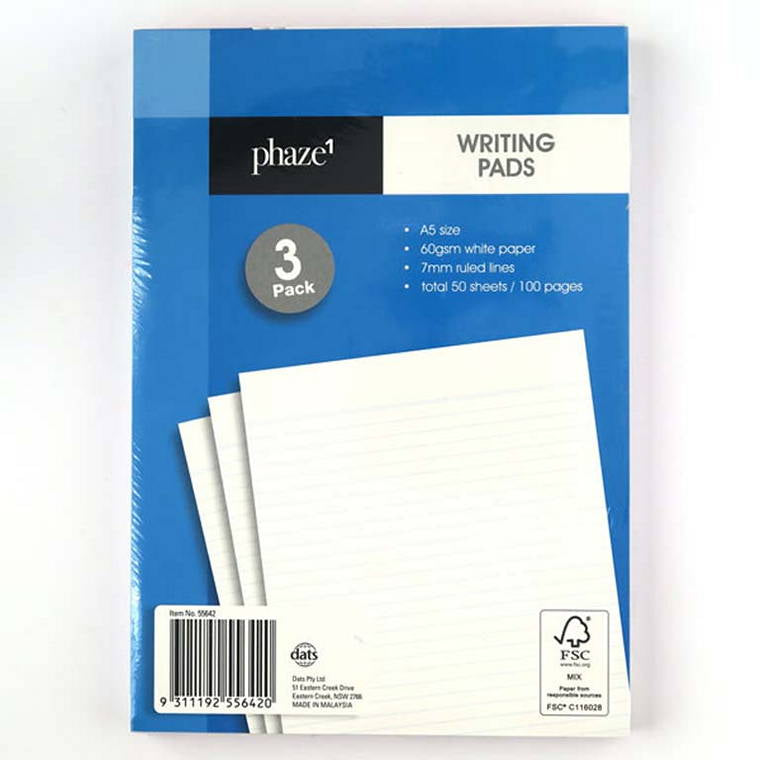 Paper Pad, Writing, 100pgs, A5, 3pk