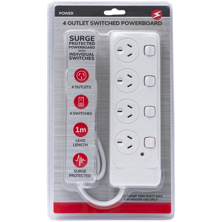 4 Outlet Powerboard w/ Switches Surge Protection