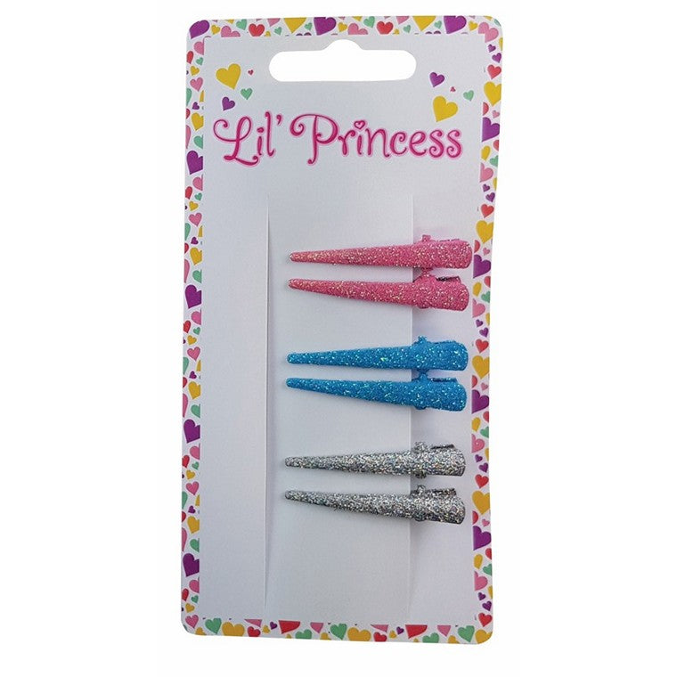 Little Princess Hair Clips, Glitter, 6pk, 2 Asstd Colours