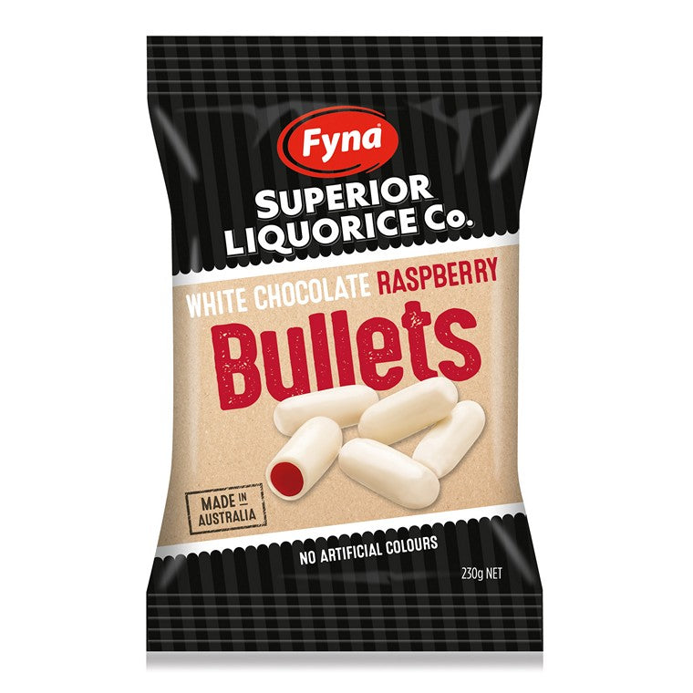 Fyna White Choc Raspberry Bullets, 230gm