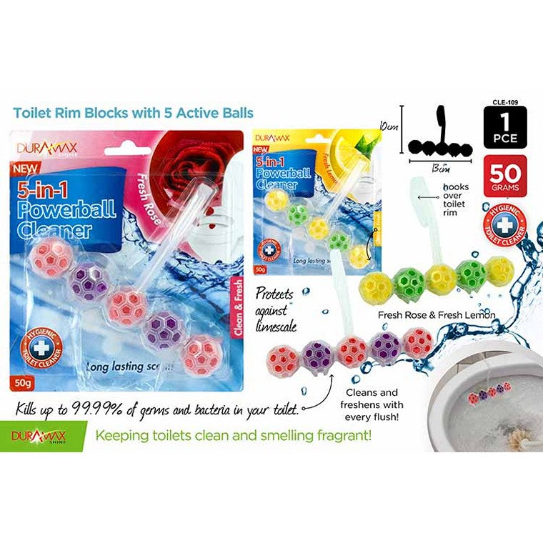 Toilet Rim Block 5xBall, 50gm, 2 Asstd Fragrances Lemon and Rose