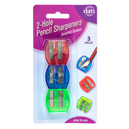 2-Hole Pencil Sharpeners, Mixed, 3pk