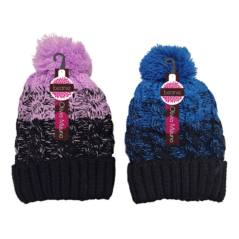 Ladies Melange Knit Beanie w/ Pom Pom, 2 Asstd Colours