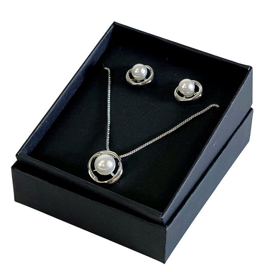 Silver Necklace & Earrings, Circle With Pearl Set In Gift Box